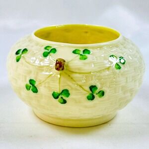 Belleek Ireland Shamrock Basketweave Sugar Bowl Parian China 6th Green Mark CUTE